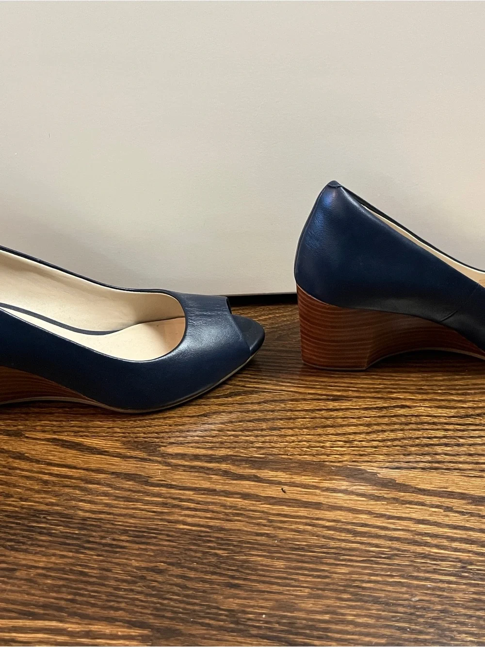 Cole Haan Navy Leather Peep-Toe Heels, size 8.5